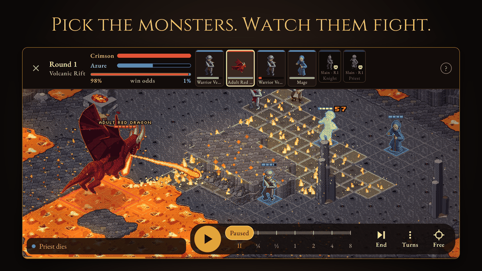 An adult red dragon breathes fire across the Volcanic Rift arena