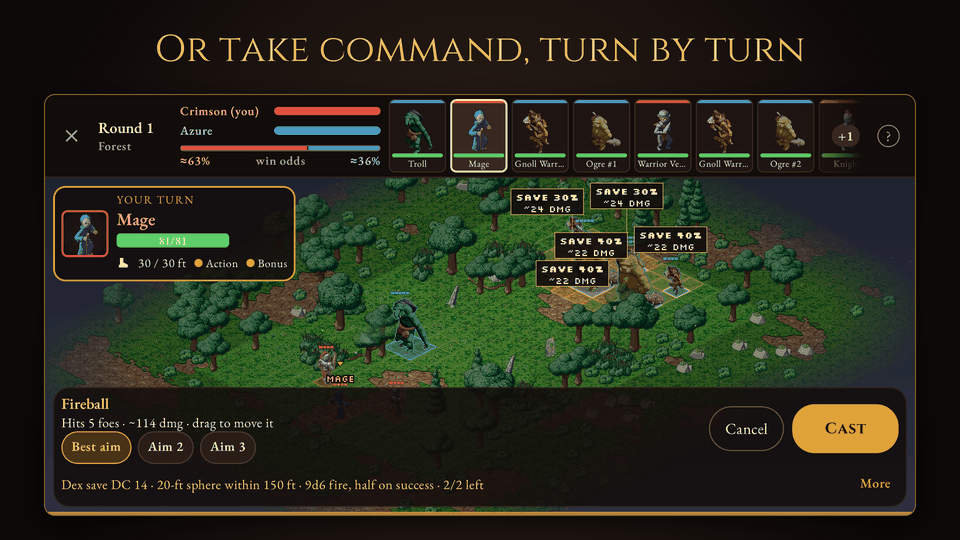 Command mode: aiming a mage's Fireball, with each target's save chance and expected damage
